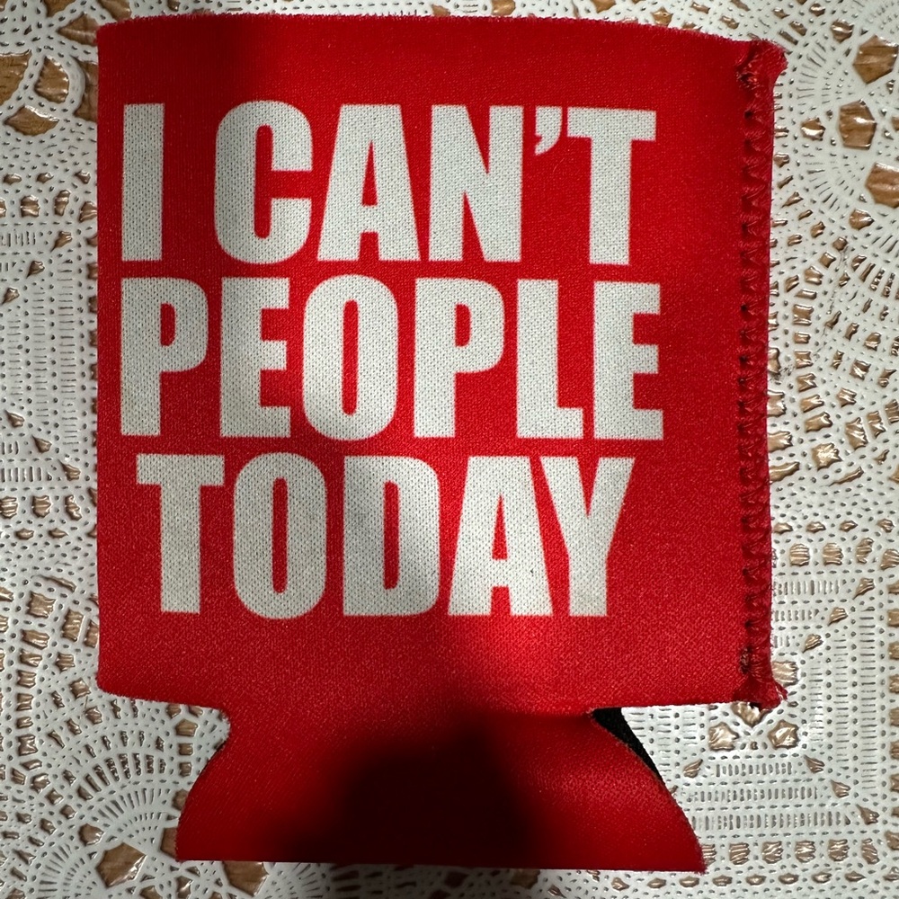 Red Can Cooler with Bold White Text